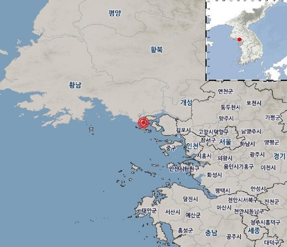 9일 오전 인천 강화군 서쪽 약 26㎞ 해역에서 발생한 규모 3.7의 지진 발생 위치도. (이미지=기상청 홈페이지)