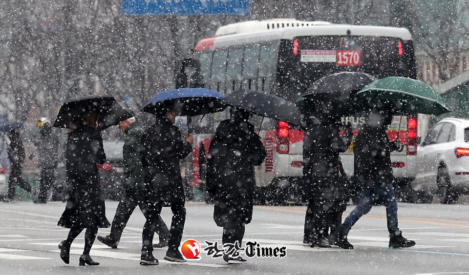 눈이 내린 17일 오전 서울 서초구 강남대로에서 우산을 쓴 시민들이 횡단보도를 건너고 있다. (사진=뉴시스)